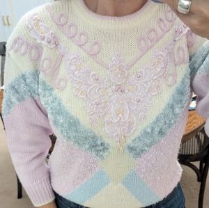 Vintage Soft Pink Floral Beaded Baby Blue Chunky Ivory Shabby Sweater Romantic
